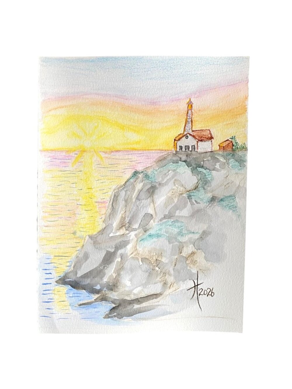 Lighthouse Rock at Sunset Original Art Watercolor Pencil Painting 11x14in Matted